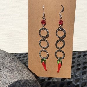 Red salsa chili pepper earrings silver metal hoops